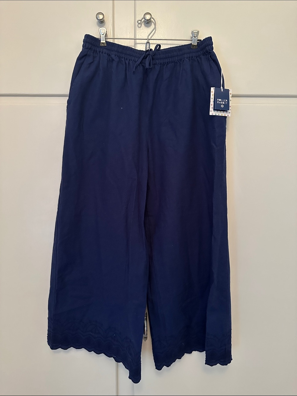 NWT Roller Rabbit x Target Wide Leg Cotton Linen Pants Navy Eyelet Trim